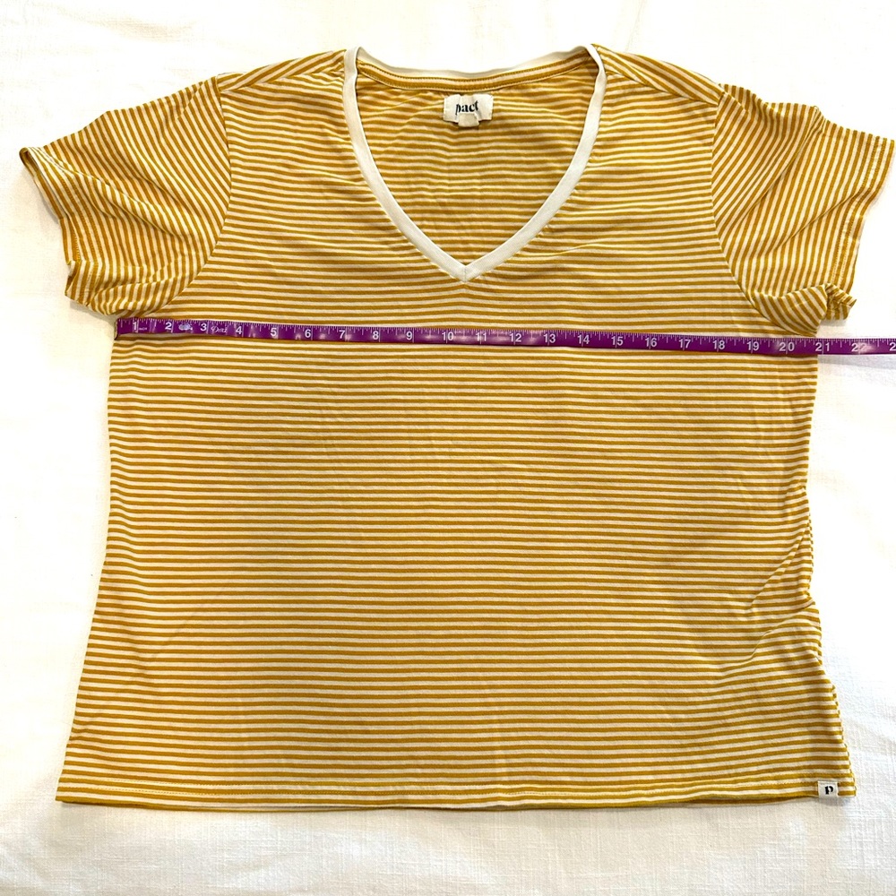 Pact v-neck tshirt with gold stripes, size L